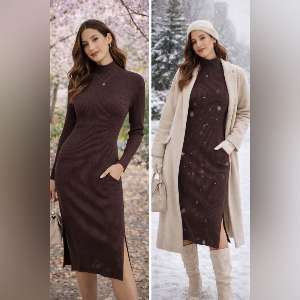 Magaschoni Chocolate Brown Ribbed Mock Neck Midi Dress NWT Size XL